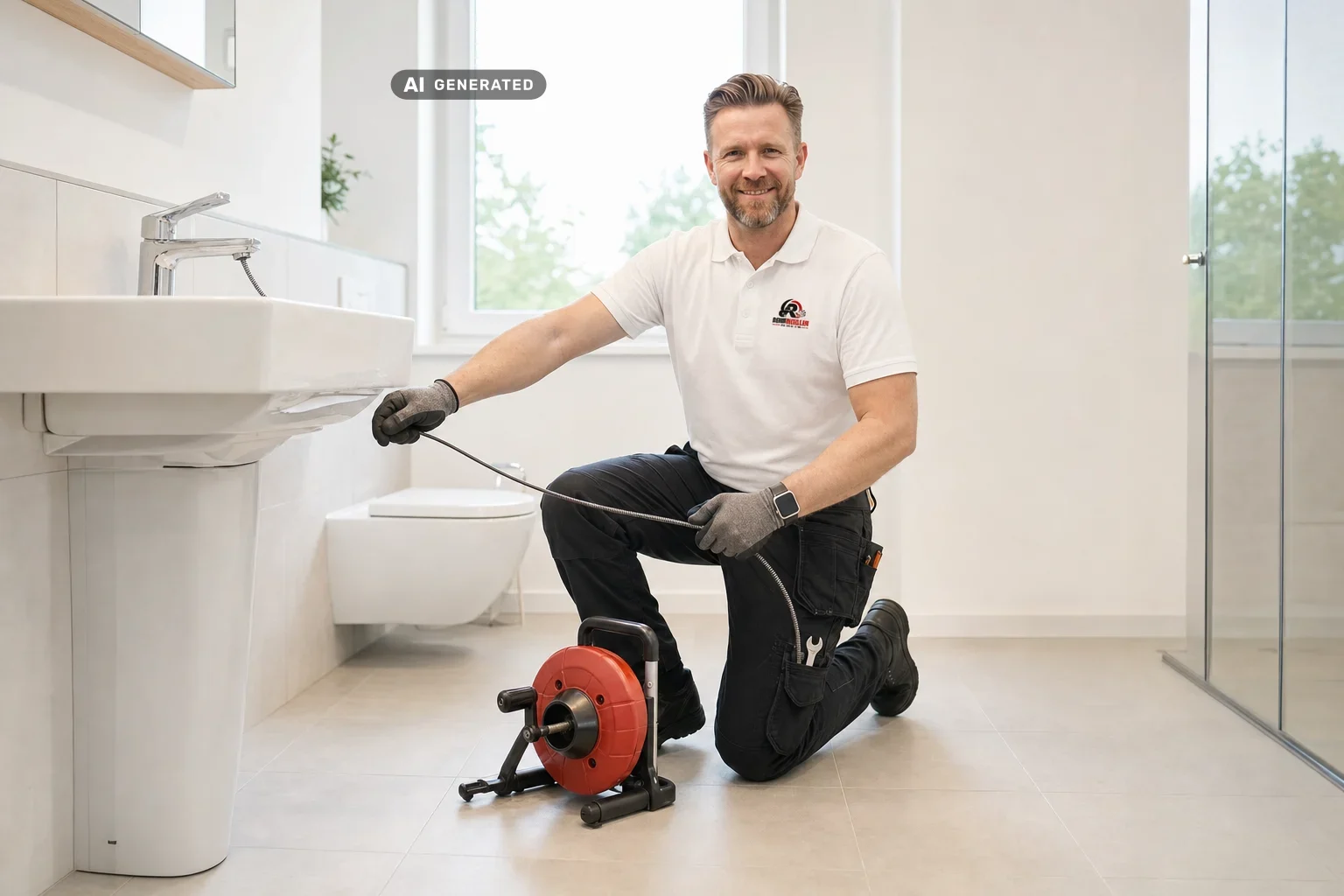 Techniker löst mit einer Spirale eine Verstopfung am Waschbecken