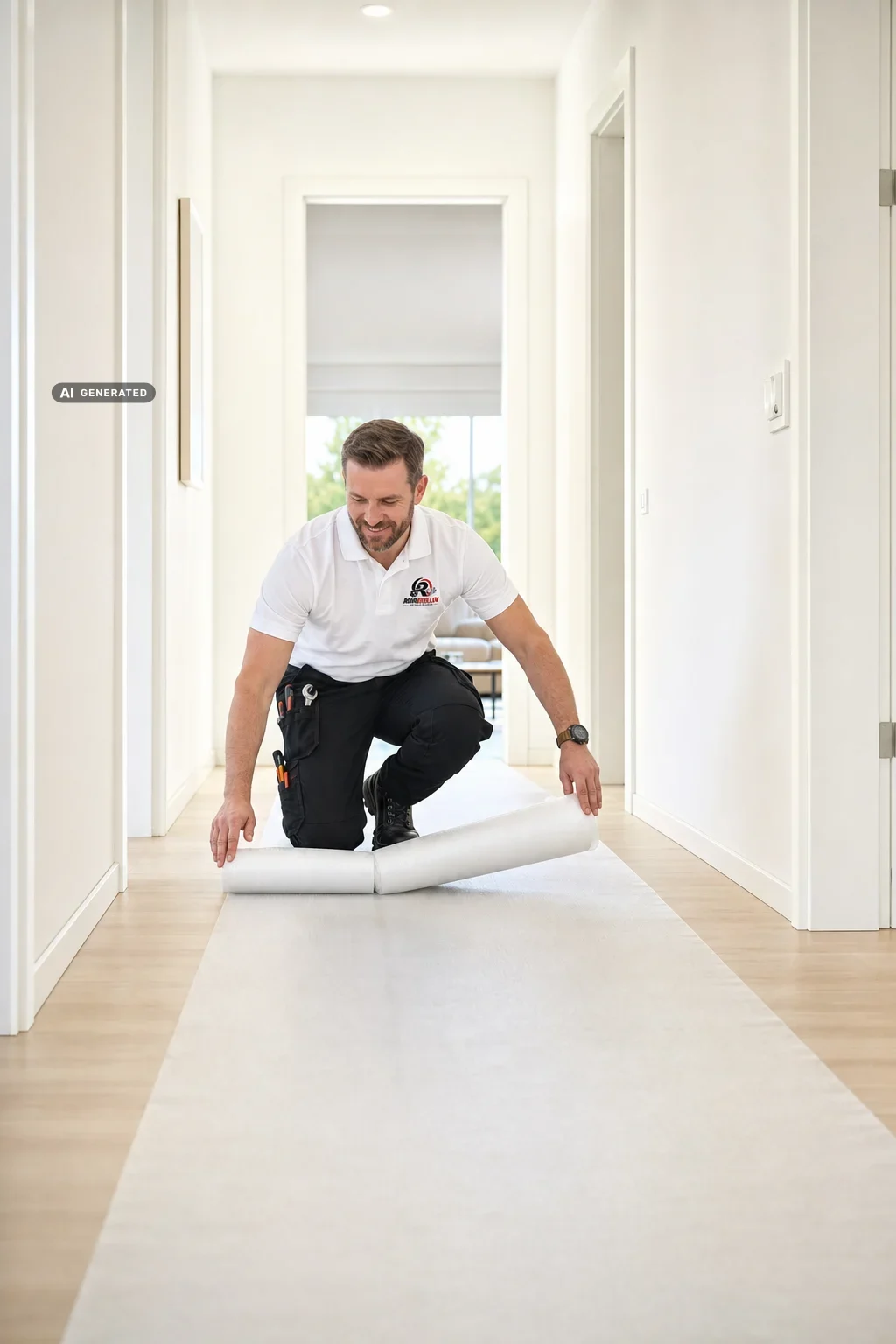 Techniker legt Schutzfolie im Hauseingang aus