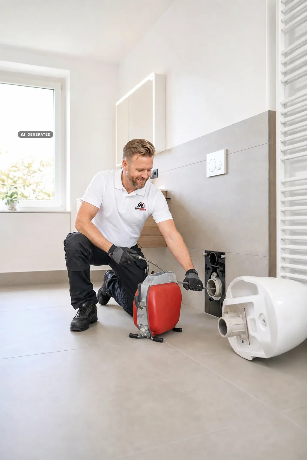 Techniker arbeitet mit der Spiralmaschine am WC-Anschluss
