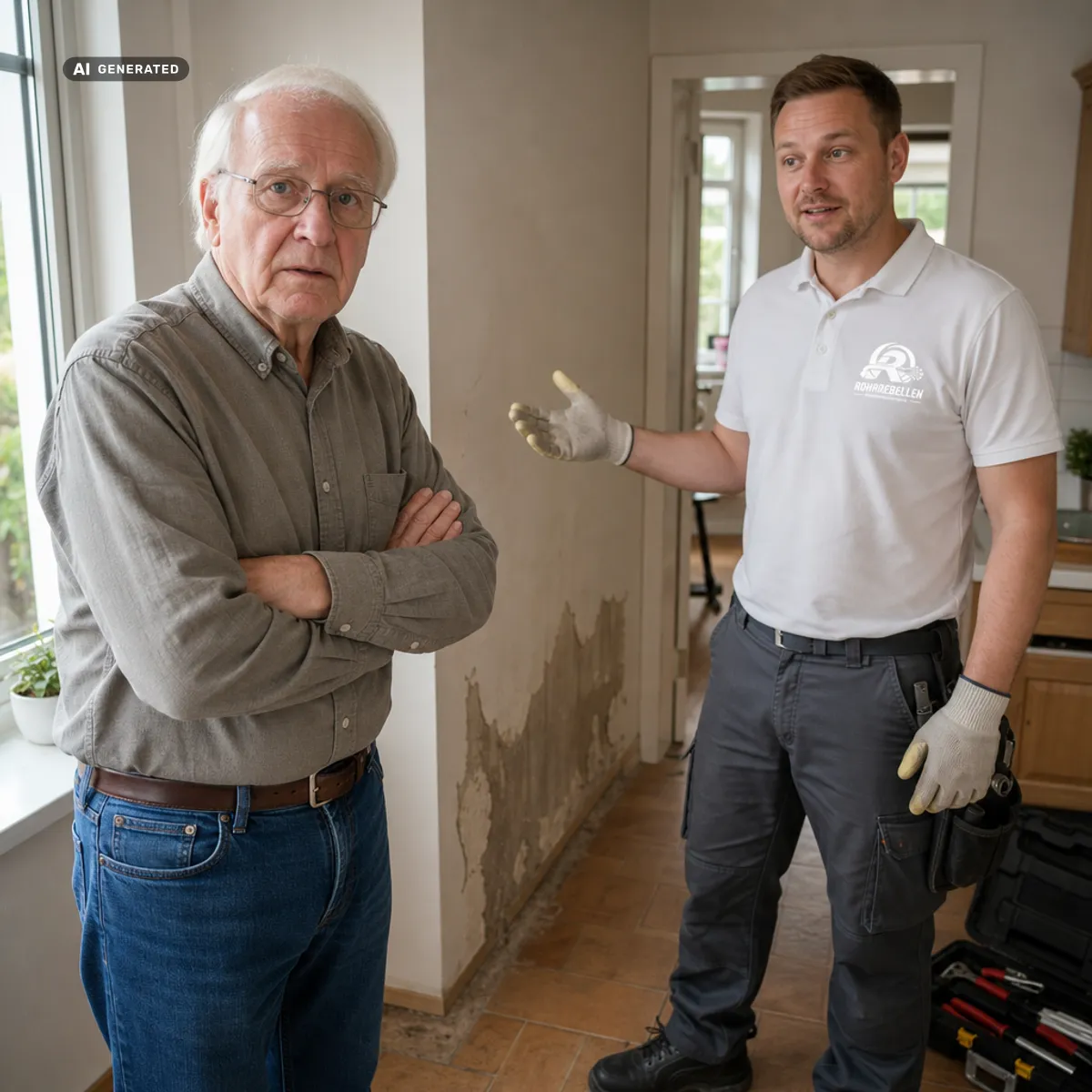 KI-generiertes Bild: Techniker erklärt einem Hausbesitzer im Flur einen Feuchtigkeitsschaden an der Wand