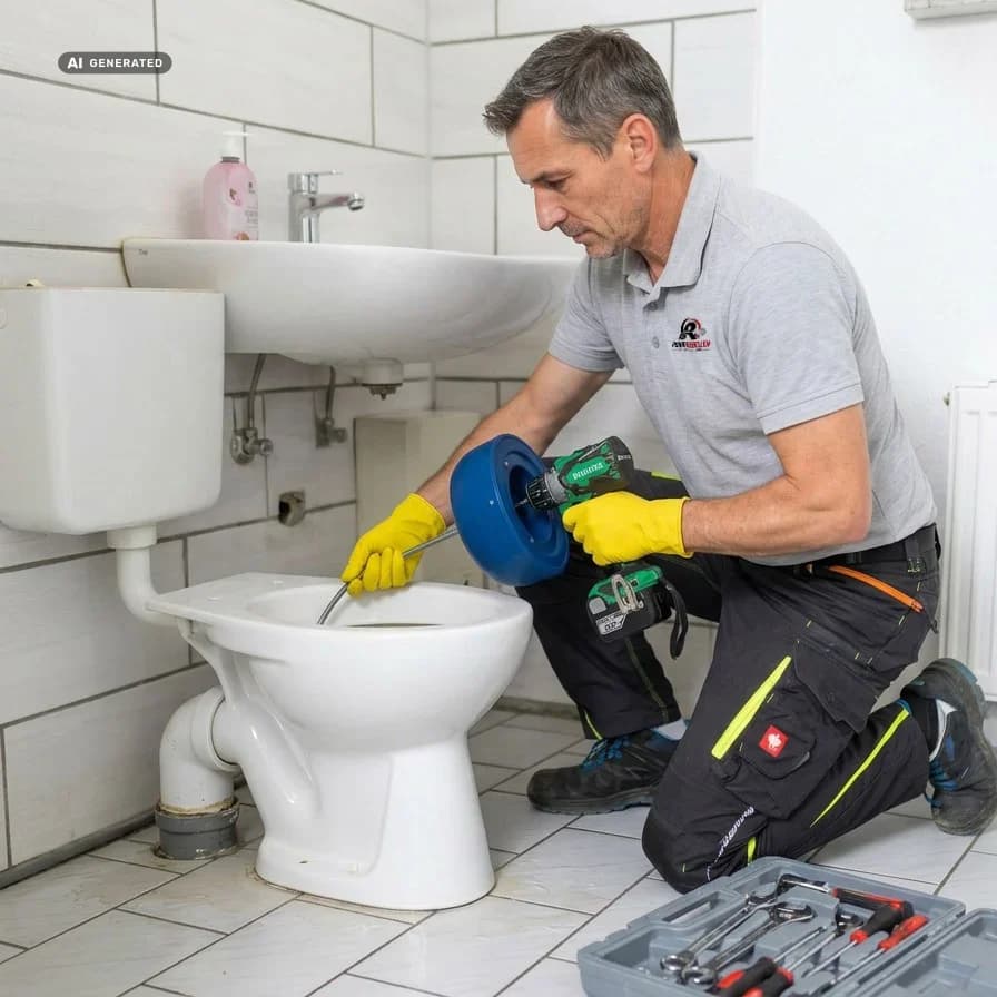 KI-generiertes Bild: Techniker reinigt eine verstopfte Toilette mit einer Rohrspirale